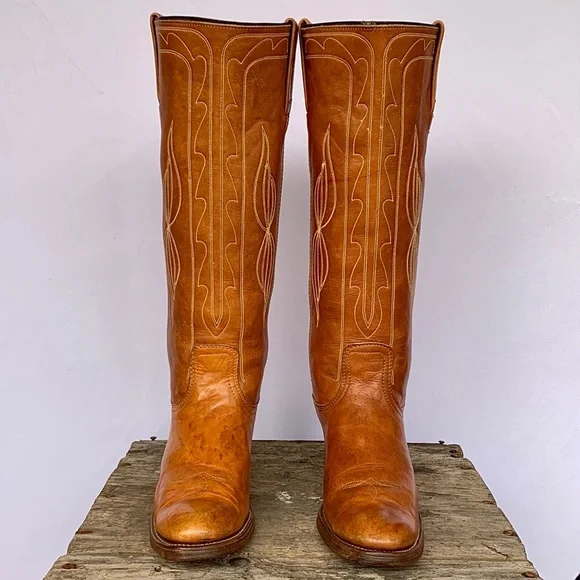 SOLD FRYE Vintage Black Label Stitching Tall Knee High Brown Western Boots 9 9.5 - Picture 5 of 11
